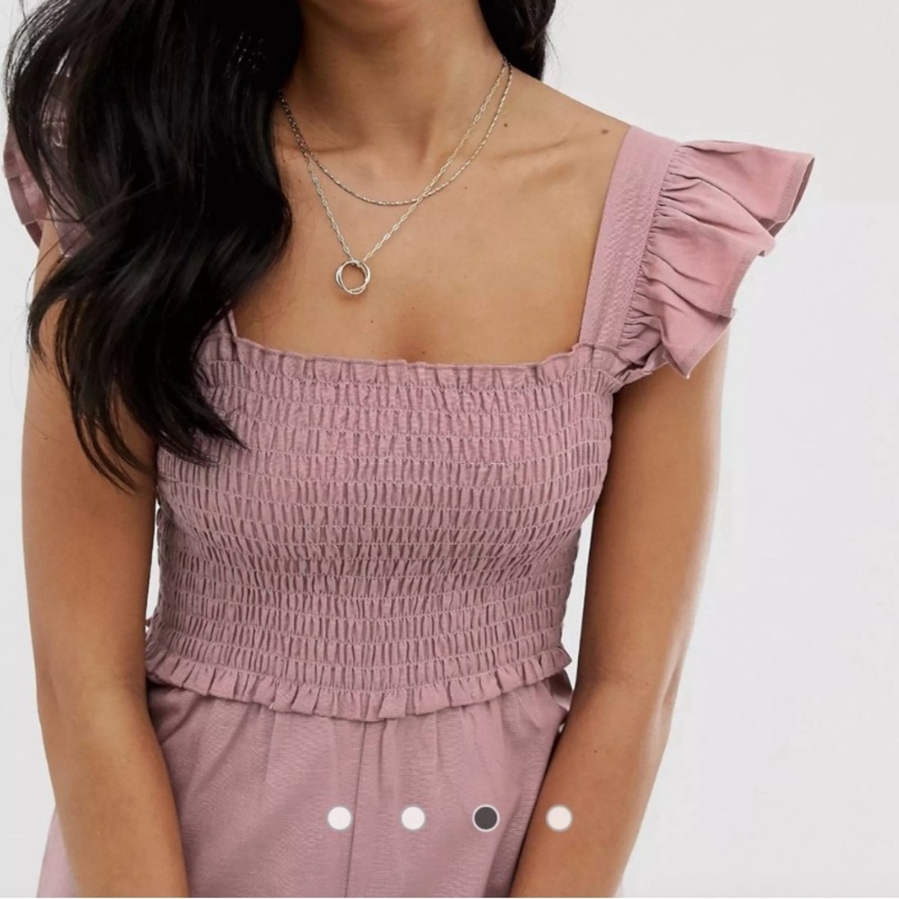 ASOS frilled sleeve pink smocked linen romper - Picture 3 of 4